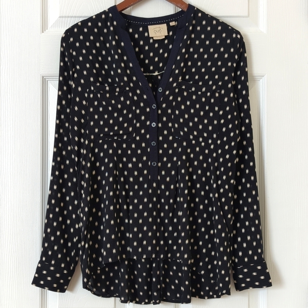 Vanessa Virginia Anthropologie Honore Dash Printed Henley Popover Blouse Black 2